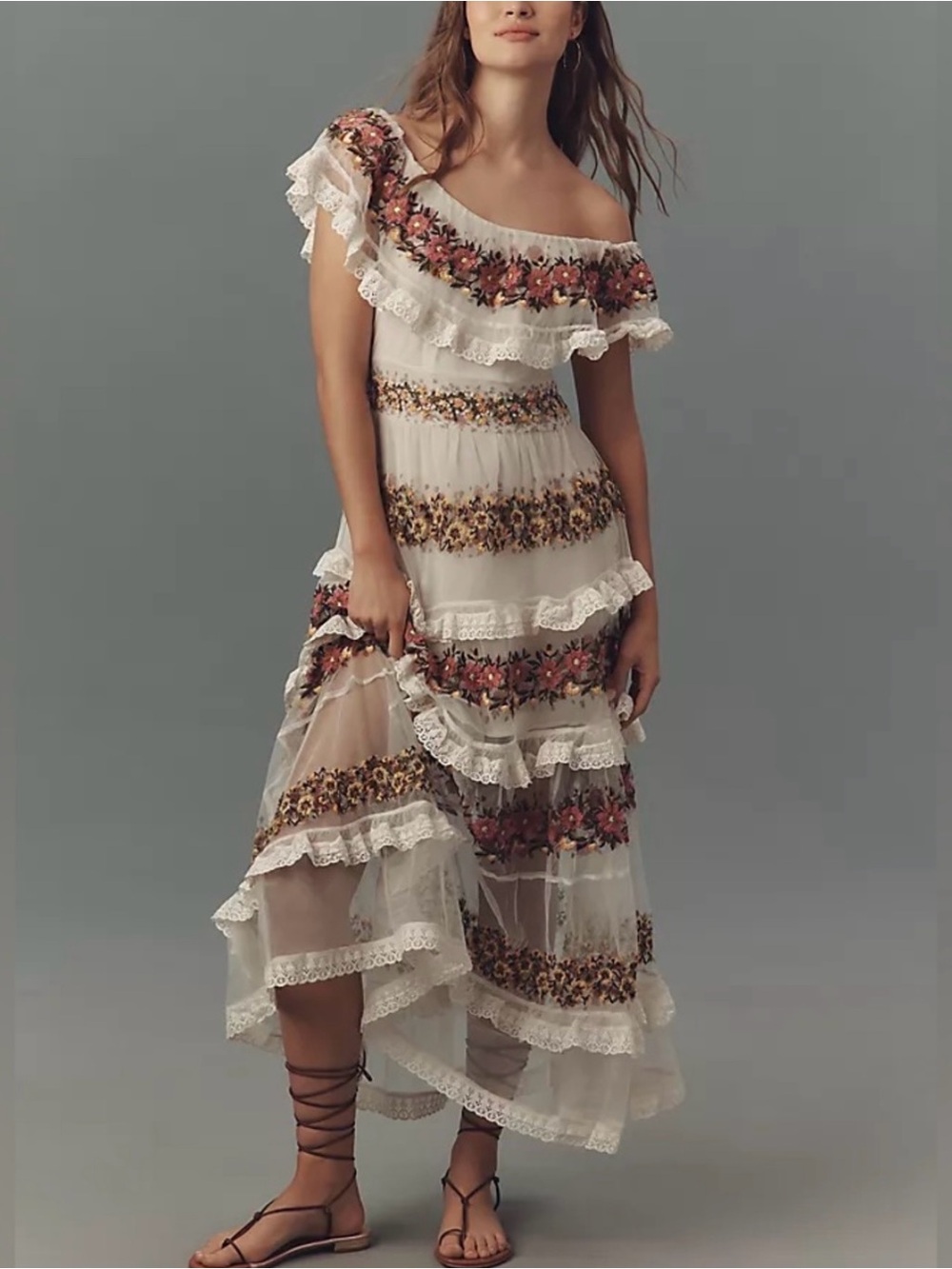 Anthropologie Boho Embroidered Floral Tiered Lace Maxi Dress